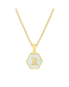 R Initial Letter Hexagon Shape Pendant Necklace And Gold Chain CA7810218