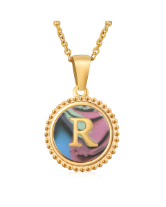 R Initial Letter Round Disc Necklace Inlaid Colorful Shell CA7810205