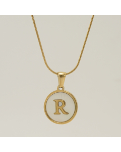 R Initial Letter Snake Chain Necklace With White Shell Round Charms CA7810223