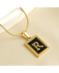 R Initial Name Stainless Steel Necklace With Square Black Shell Tag CA7810221