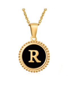 R Round Disc Initial Letter Necklace Inlaid Black Shell CA7810203