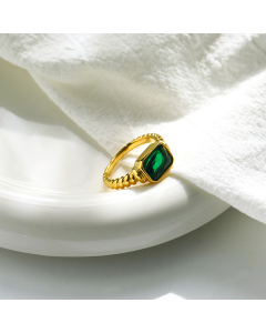 Green Rectangular Drill Inlaid Stainless Steel Ring Fashion Distorted Spiral 18K Gold Ring