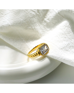 White Rectangular Drill Inlaid Stainless Steel Ring Fashion Distorted Spiral 18K Gold Ring