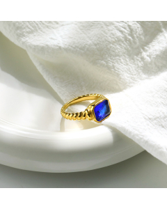 Blue Rectangular Drill Inlaid Stainless Steel Ring Fashion Distorted Spiral 18K Gold Ring