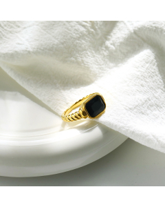 Black Rectangular Drill Inlaid Stainless Steel Ring Fashion Distorted Spiral 18K Gold Ring