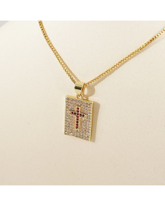 Red Square Pad With Inlaid Stone Cross And Box Titanium Steel Chain CA7810165