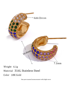 Retro Stainless Steel C Shape Stud Earring With Colorful Zircon  LY881018-12