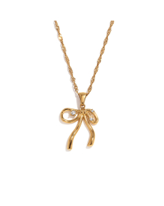 Wholesale Stainless Steel Fine Jewelry Rhinestone Inlaid Bow Knot Pendant Necklace Earrings Ring Sets-01-Gold Color