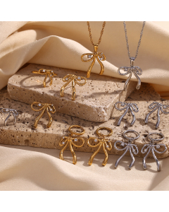 Wholesale Stainless Steel Fine Jewelry Rhinestone Inlaid Bow Knot Pendant Necklace Earrings Ring Sets
