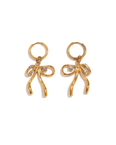 Wholesale Stainless Steel Fine Jewelry Rhinestone Inlaid Bow Knot Pendant Necklace Earrings Ring Sets-02-Gold Color