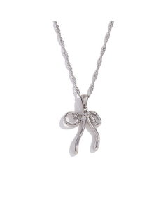 Wholesale Stainless Steel Fine Jewelry Rhinestone Inlaid Bow Knot Pendant Necklace Earrings Ring Sets-01-Steel Color