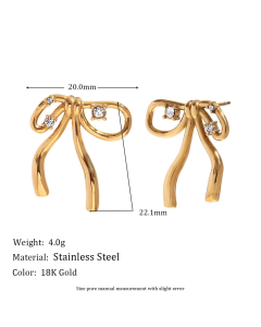 Wholesale Stainless Steel Fine Jewelry Rhinestone Inlaid Bow Knot Pendant Necklace Earrings Ring Sets-03-Gold Color