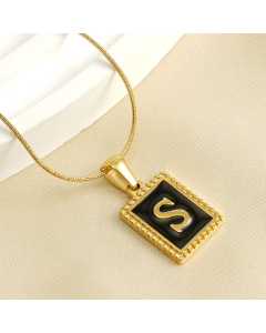 S Initial Name Stainless Steel Necklace With Square Black Shell Tag CA7810221