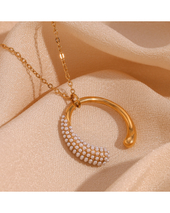 Wholesale Stainless Steel Necklace Semi-inlaid Pearl Moon Pendant Necklace 