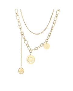 Smiley Pendant Double Chain Stainless Steel Necklace-Gold Color
