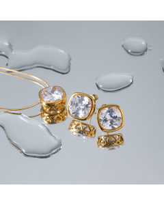 Wholesale Stainless Steel Fine Jewelry Square Hollow Set Zircon Stud Earrings Pendant Necklace