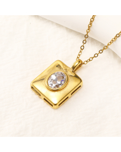 White Zircon Square Pendant Stainless Steel Necklace 18k Gold Plated Clavicle Chain Necklace