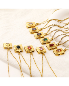 Wholesale Stainless Steel Pendant Necklace Light Luxury Square Multicolor Zircon Necklace 18k Gold Plated Clavicle Chain Necklace
