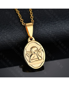 Stainless Steel Necklace - Oval Pendant With an Angel- CA7810009-Gold Color