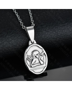 Stainless Steel Necklace - Oval Pendant With an Angel- CA7810009-Steel Color