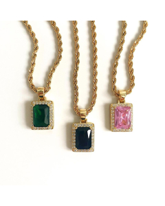 Wholesale Stainless Steel Necklace Retro Light Luxury Square Inlay Emerald Zircon Pendant Necklace