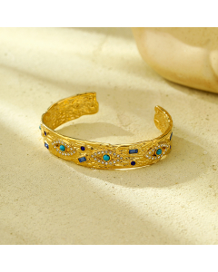 Wholesale Stainless Steel Bangles Angel's Eye Diamond Inlaid Bracelet-Gold Color-Blue