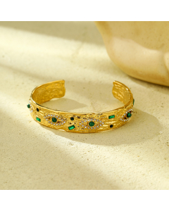Wholesale Stainless Steel Bangles Angel's Eye Diamond Inlaid Bracelet-Gold Color-Green