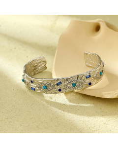 Wholesale Stainless Steel Bangles Angel's Eye Diamond Inlaid Bracelet-Steel Color-Blue