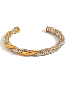 Gold Color Plated 18K Gold Asymmetric Twist Diamond Stainless Steel Bangles 
