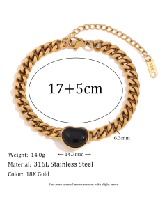 Niche Black Agate Heart Ring Figaro Cuban Chain Stainless Steel Bracelet