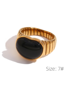 Fashion Black Agate Heart Ring Figaro Cuban Chain Stainless Steel Ring