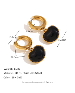 Vintage Black Agate Heart Ring Figaro Cuban Chain Stainless Steel Earrings