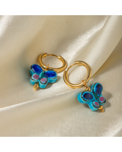 Wholesale Stainless Steel Earrings Blue Flower Butterfly Ceramic Pendant Earrings 