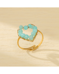 Sweet Blue Natural Stone Love Plated Gold Stainless Steel Ring 