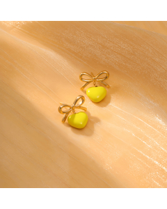 Yellow Bowknot Dripping Oil Love Pendant Stainless Steel Earrings 
