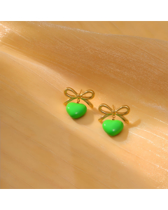 Green Bowknot Dripping Oil Love Pendant Stainless Steel Earrings 