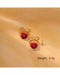 Red Bowknot Dripping Oil Love Pendant Stainless Steel Earrings 
