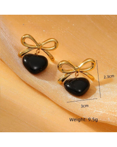 Black Bowknot Dripping Oil Love Pendant Stainless Steel Earrings 
