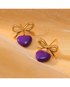 Purple Bowknot Dripping Oil Love Pendant Stainless Steel Earrings 