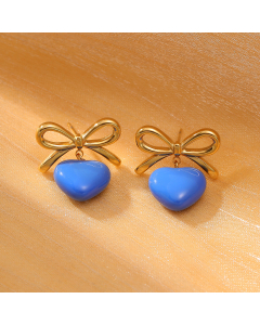 Blue Bowknot Dripping Oil Love Pendant Stainless Steel Earrings 