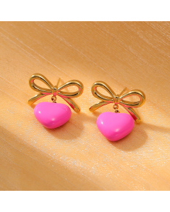 Pink Bowknot Dripping Oil Love Pendant Stainless Steel Earrings 
