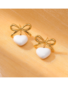 White Bowknot Dripping Oil Love Pendant Stainless Steel Earrings 