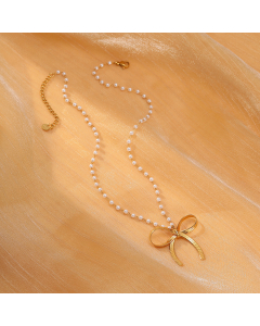 Sweet Bow Knot Pendant Stainless Steel Pearl Necklace 