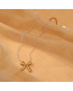 French Style Bow Knot Pendant Stainless Steel Pearl Necklace 