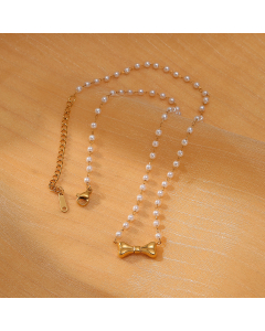 Minimalism Bow Knot Pendant Stainless Steel Pearl Necklace 