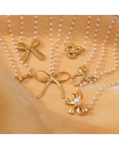 Wholesale Stainless Steel Pearl Necklace Fashion Elegant Light Luxury Bow Knot Pendant Necklace