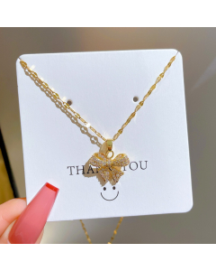 Stainless Steel Zircon Inlaid Bow Knot Pendant Necklace 316L