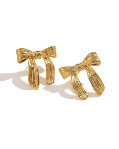 Wholesale Stainless Steel Earrings Bow Ribbon Earrings Female-02-Gold Color