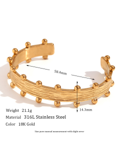 Hot Sale Fashion Plated 18K Gold Stainless Steel  Bilateral Brushed Ball Bracelet Ring Earrings Set For Female-Gold Color-Bracelet