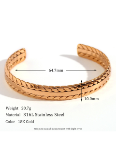 Casual Plated 18K Braided Pattern Open Stainless Steel Bracelet 